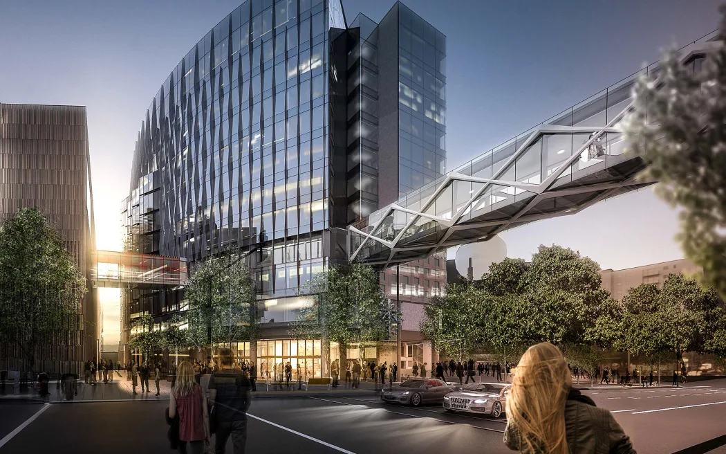 An artist's impression of the air bridge that has been lifted into place at the Auckland International Convention Centre.