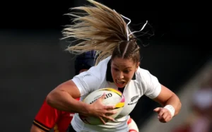 Black Ferns centre Amy du Plessis runs with the ball during the Women’s Rugby World Cup pool C match between New Zealand and Spain at York Community Stadium, York, northern England, on August 24, 2025.