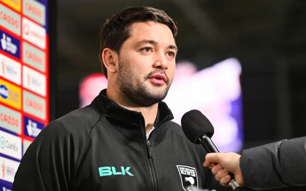 Brandon Smith of New Zealand is interviewed ahead of the match against Jamaica - New Zealand Kiwis v Jamaica Men, Round 1 of the Rugby League World Cup England 2021 (played in 2022) at MKM Stadium, Hull, England on Saturday 22 October 2022. © Mandatory credit: Will Palmer / www.photosport.nz