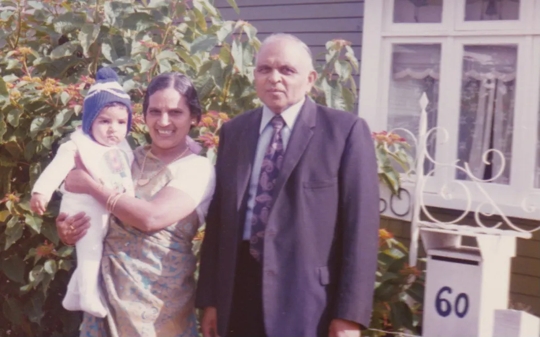 Dahi and Jeram moved to Auckland when their four children became young adults. They're pictured here with their grandson, Rakesh.