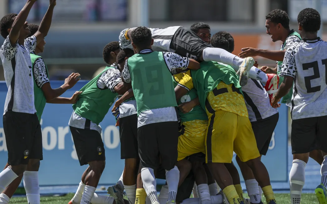 Fiji’s Ryan Achari celebrates a goal with teammates at the OFC U-16 Men's Championship 2025, 3rd & 4th Place Play-off, Fiji v Papua New Guinea, National Stadium, Honiara, Solomon Islands, Saturday 30 August 2025. Photo: DJ Mills / www.phototek.nz