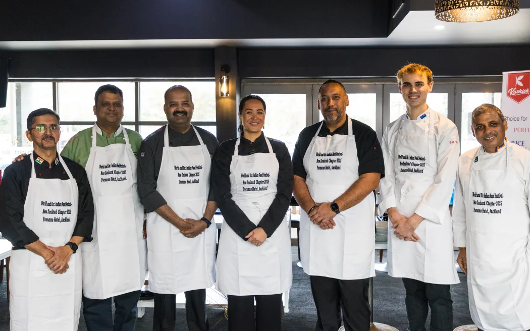 (From left) Suprabhat Banerjee, Satyanarayana Pandari, Anuj Mathur, Hera Te Kurapa, Ihirei Walker, Sam Linstrom and Prem Ram were the chefs who participated in the cooking competition.
