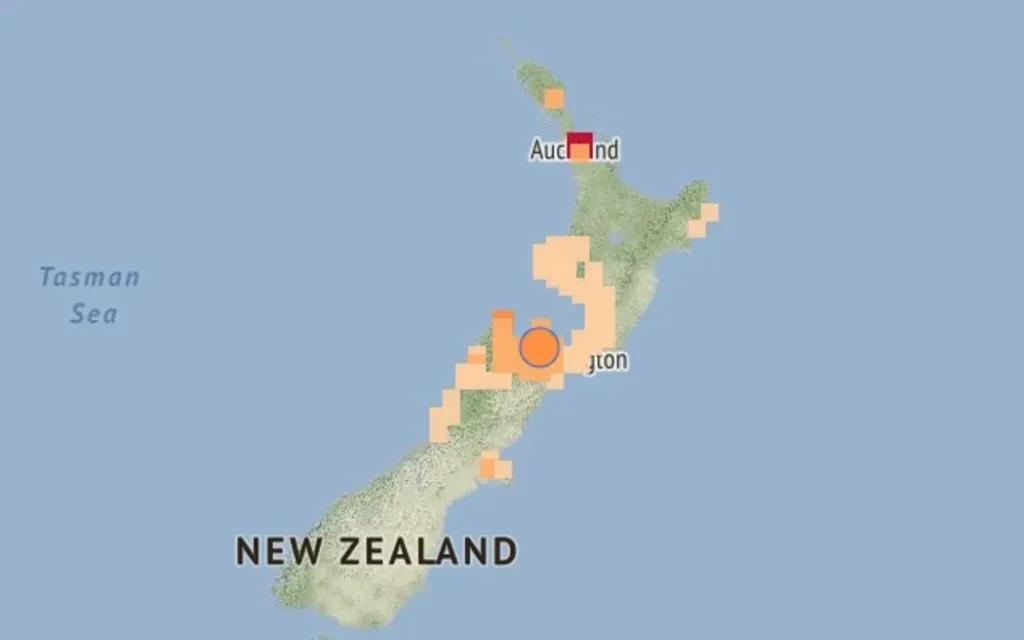 GeoNet map showing the location of 'felt it' reports.