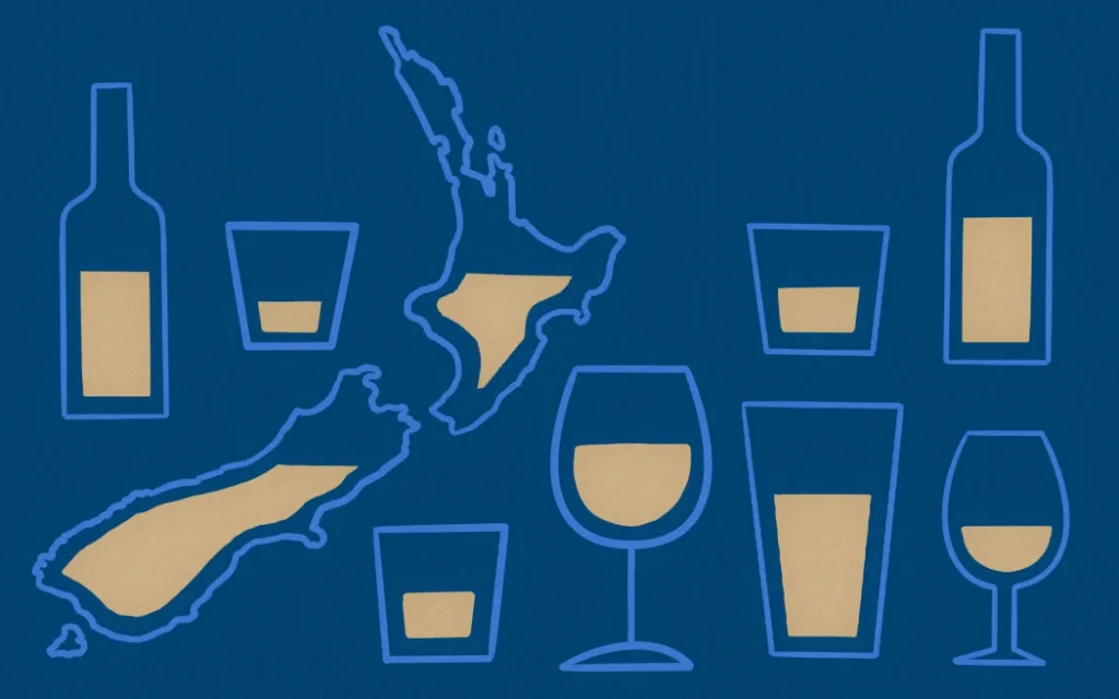 Illustration of alcohol glasses and NZ