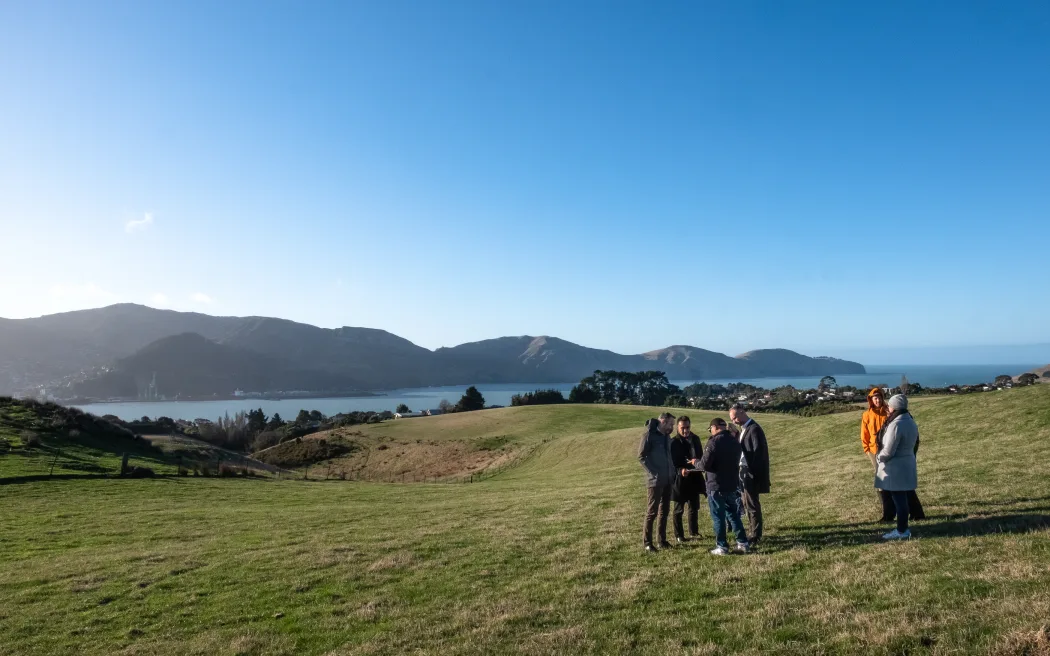 Members of Te Pae Whakatere, the Te Pā working group, and officials from the Ministry of Education visit the proposed site for the kura at Te Waipapa, Diamond Harbour on Te Pātaka o Rākaihautū. Laveena Tozer, Bailey Peryman and Fuetanoa Seinafo.