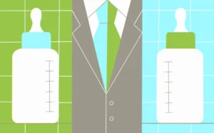 Stylised illustration of a baby bottle and suit and tie