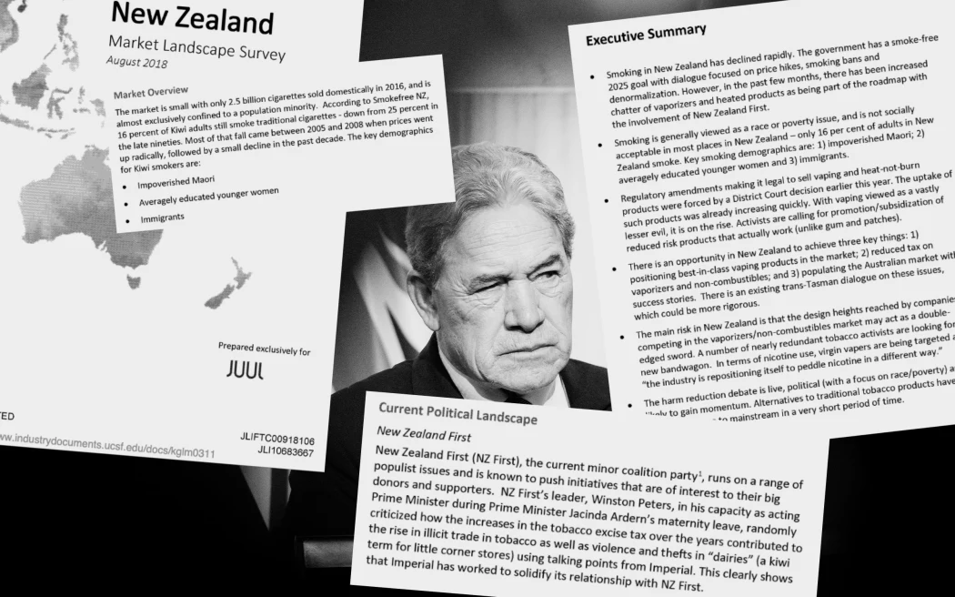 Các nhà vận động hành lang thuốc lá điện tử nói Winston Peters 'rất quyền lực' và 'rất thân thiện với ngành' 3 Composite of Winston Peters and documents