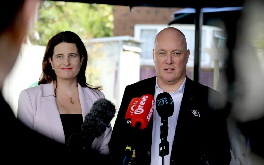 Prime Minister Christopher Luxon and Finance Minister Nicola Willis address media at Rising Stars Lynfield on Thursday 3 October 2024.