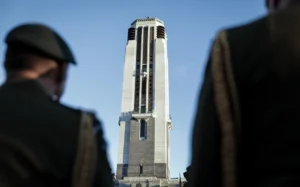Soliders listen as The Carillon is played at todays event. Carillon Bells will be heard regularly at Pukeahu National War Memorial Park after 3 years of being restored.