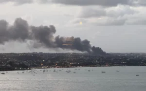 Fire on Auckland's North Shore as seen from the city on 24 April 2025.
