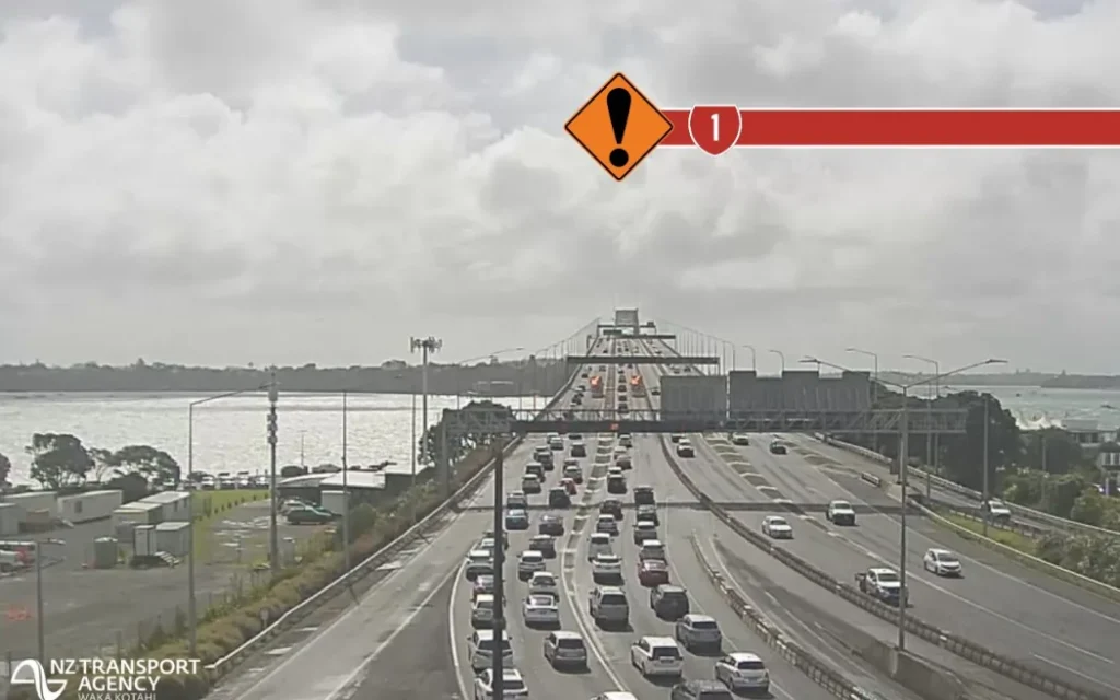 Traffic backed up on the Auckland Harbour Bridge after it was closed on 31 August, 2025.
