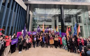 Union members outside the High Court at Wellington.
