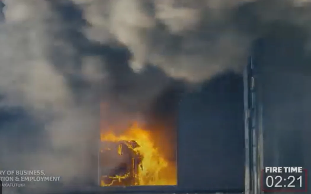 A still from a 2019 Fire and Emergency demonstration for previous Minister of Commerce and Consumer Affairs Kris Faafoi, showing the speed at which foam-filled furniture could burn.