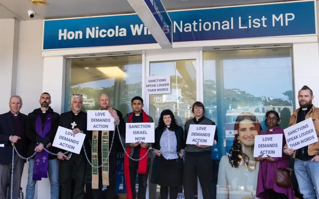Clergy Palestine protest outside Nicola Willis office for