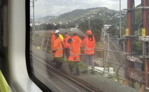 A picture taken by a passenger on a Kāpiti Line train that was stranded after an overhead cable broke.