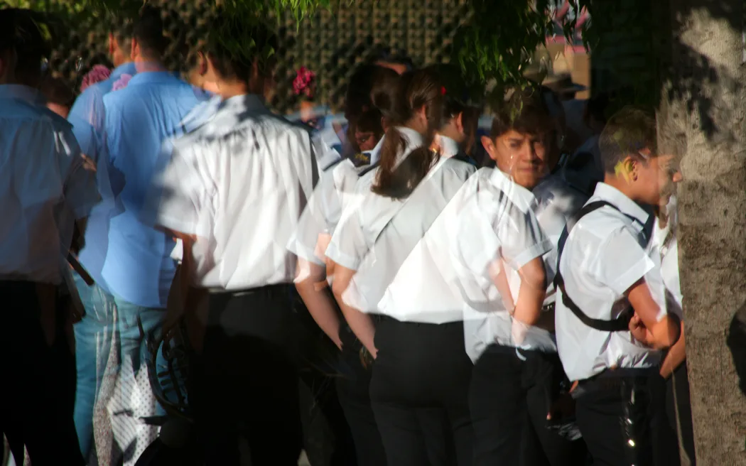 Children gathered outside school.