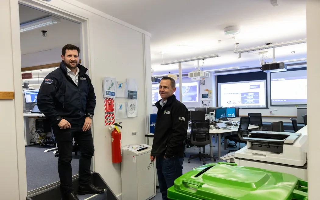 Charlie Blanch (left) the National Controller at NEMA, and Stefan Michie Acting Director of CDEM at NEMA in the Beehive Bunker – properly known as the National Crisis Management Centre, from where national emergency responses are co-ordinated.