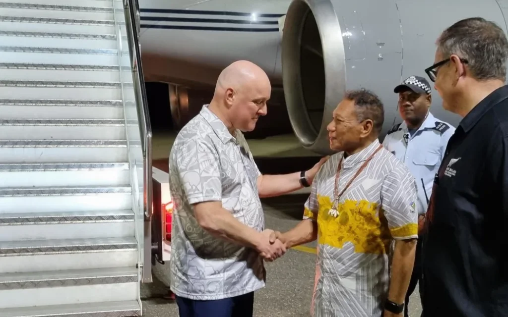 Christopher Luxon arrives in Honiara, greeted by Solomon Islands Foreign Affairs Minister Shanel Agovaka.
