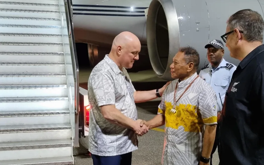 Christopher Luxon arrives in Honiara, greeted by Solomon Islands Foreign Affairs Minister Shanel Agovaka.
