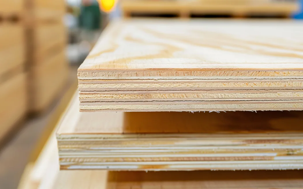 Close-up of neatly stacked plywood sheets in a warehouse, showcasing their layered structure and smooth surface