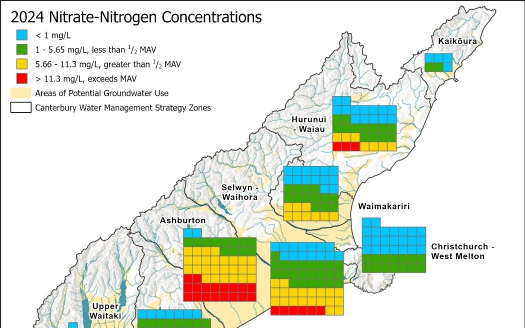 Mapping of nitrate-nitrogen samples by concentration shows that the Ashburton region had the highest nitrate concentrations, similar to previous years' surveys.