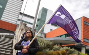 Nurse Sarita Sharma on strike in Wellington.
