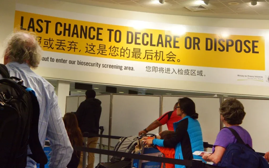 Passengers under Biosecurity sign in Auckland Airport.