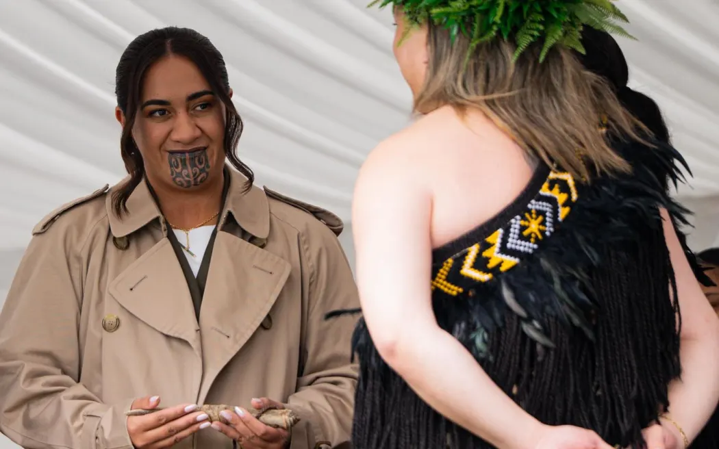 Angitu tutor Pere Wihongi gifts Te Arikinui Kuini Nga wai hono i te po a taonga at her first Koroneihana celebrations after performing for her.