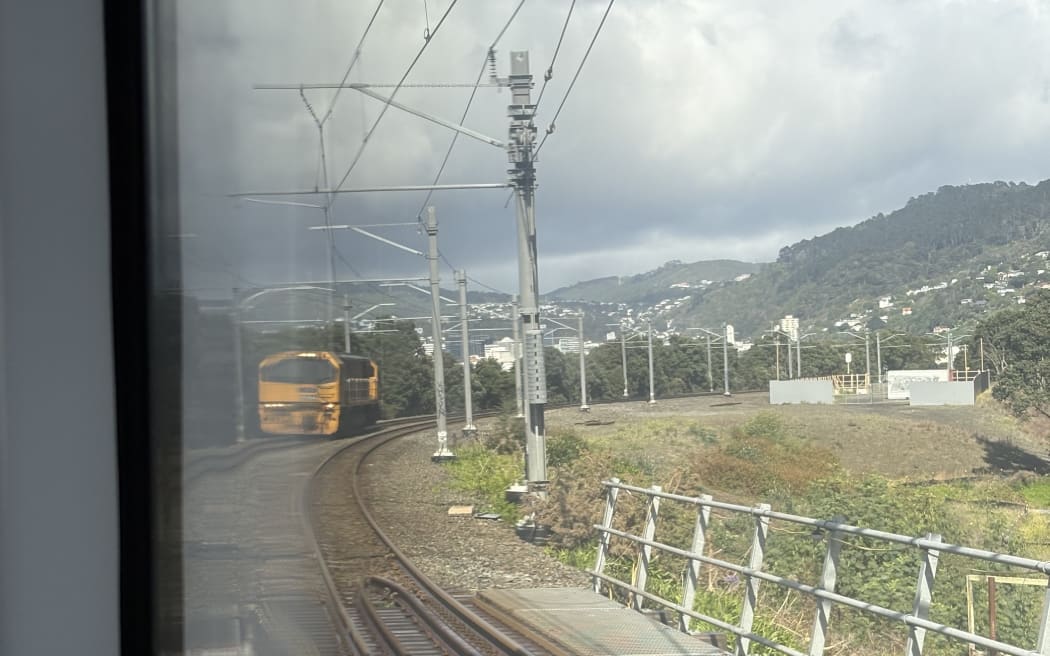 A picture taken from the window of a stranded Kāpiti Line train by one of the passengers after a cable broke overhead.