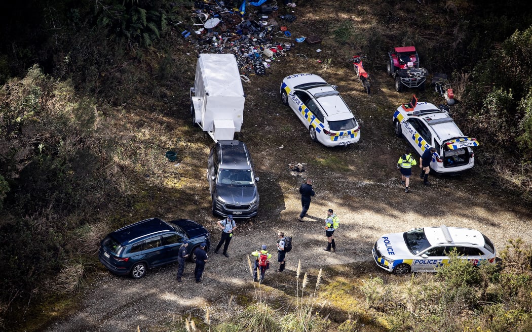 WAITOMO, NEW ZEALAND - SEPTEMBER 11: Police at the location of one of the campsites just off the Te Anga Road near Waitomo where Tom Phillips and his children had been hiding for the last four years. Tom Phillips was killed after getting into an armed shootout with Police. 11 September 2025. (Photo by Dean Purcell/New Zealand Herald via Getty Images)