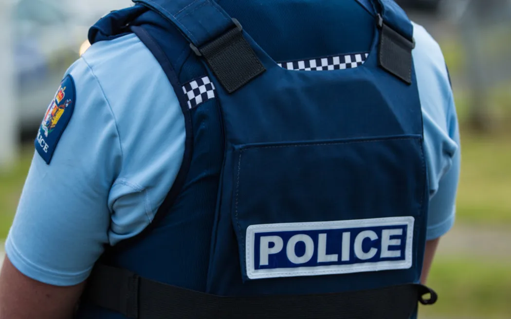 Close up of the back of a police officer wearing a vest.