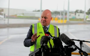 Prime Minister Christopher Luxon speaks at the Auckland Airport's International Airfield Expansion opening.