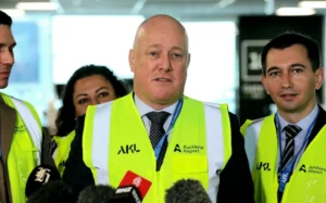Prime Minister Christopher Luxon speaks at the Auckland Airport's International Airfield Expansion opening.