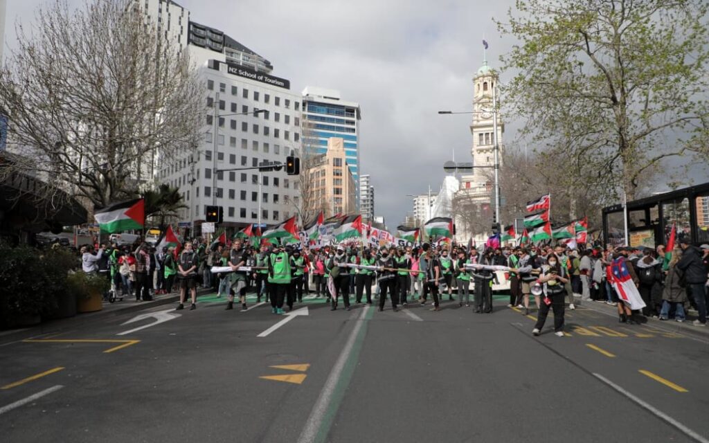 Protesters gathered in Auckland's Aotea Square in the March for Humanity, demanding the NZ government impose sanctions on Israel.