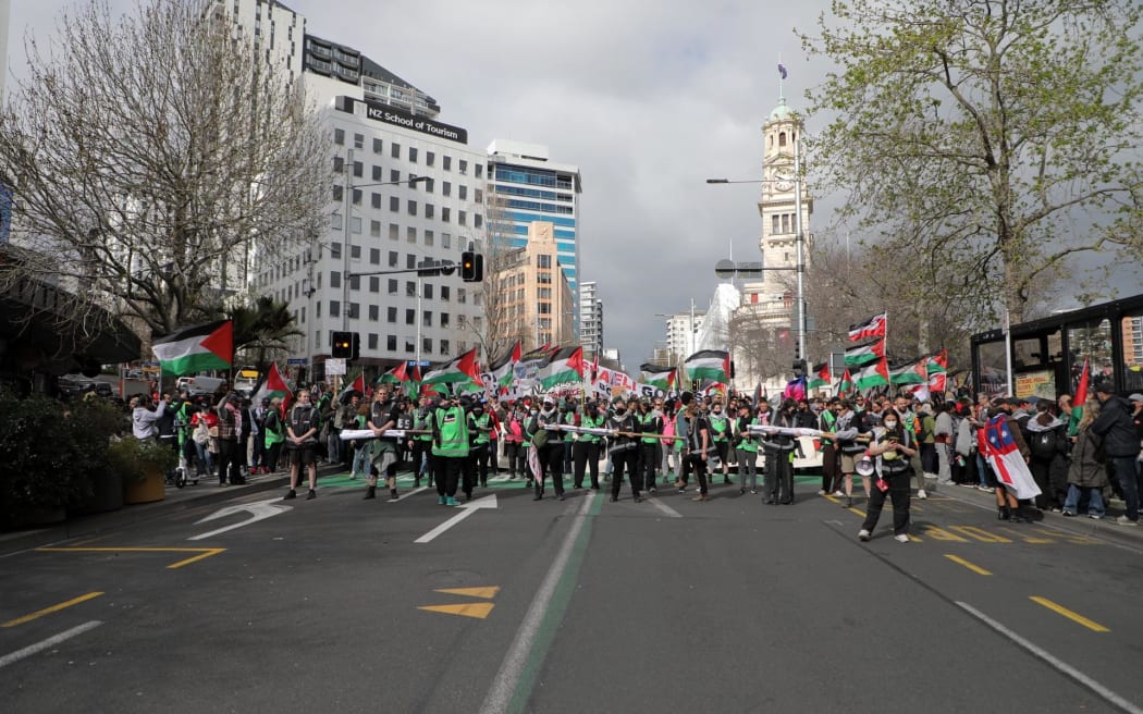 Protesters gathered in Auckland's Aotea Square in the March for Humanity, demanding the NZ government impose sanctions on Israel.