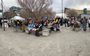 Shoppers queue at the Shevington Farms table in Wellington’s Harbourside Markets. Credit: Jessica Gessner-Hickman