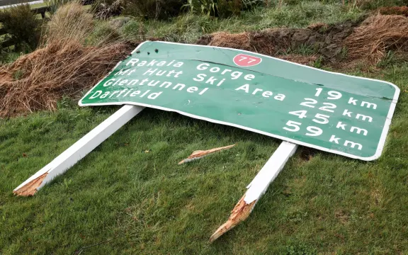 Sign outside of Methven, blown across the road on Wednesday