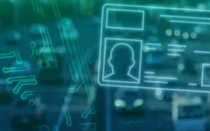 Drivers license with traffic and tech imagery