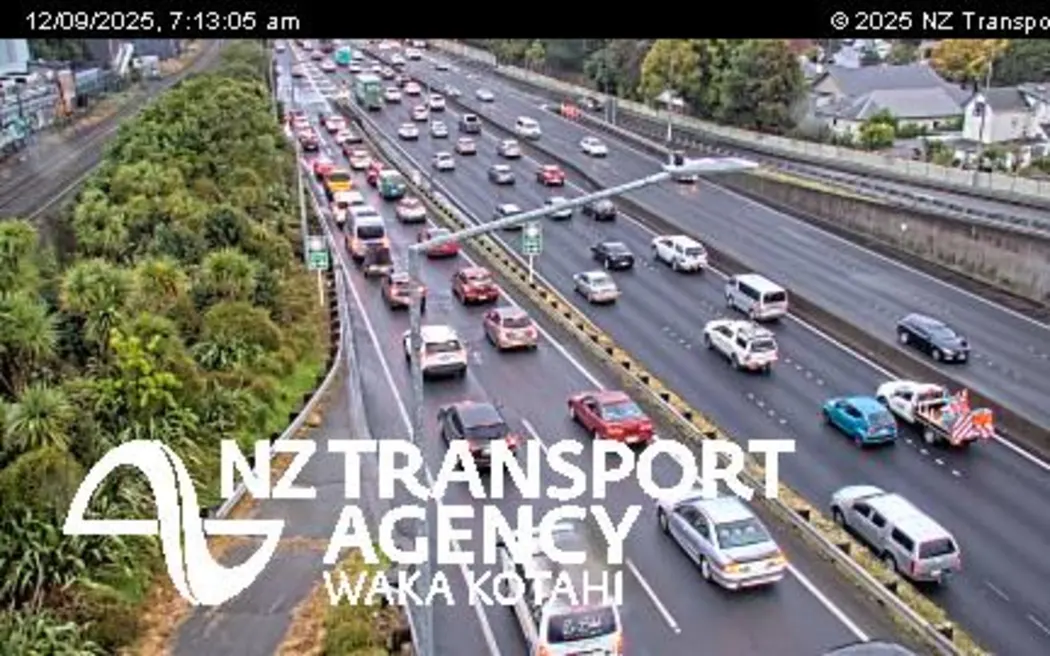Traffic backed up on the Southern Motorway following a crash on 12 September, 2025.