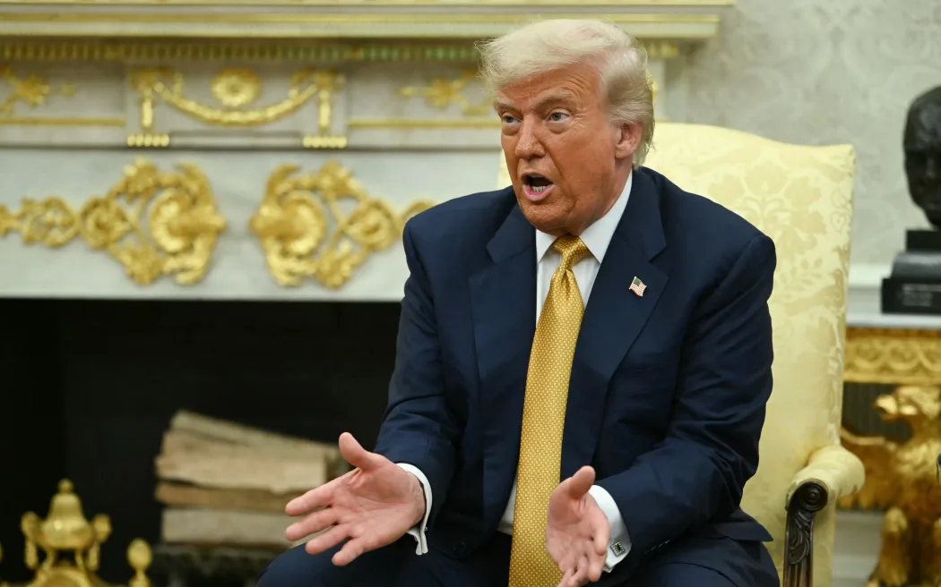 US President Donald Trump speaks during a meeting with Bahraini Crown Prince Salman bin Hamad al-Khalifa in the Oval Office of the White House in Washington, DC, on July 16, 2025.