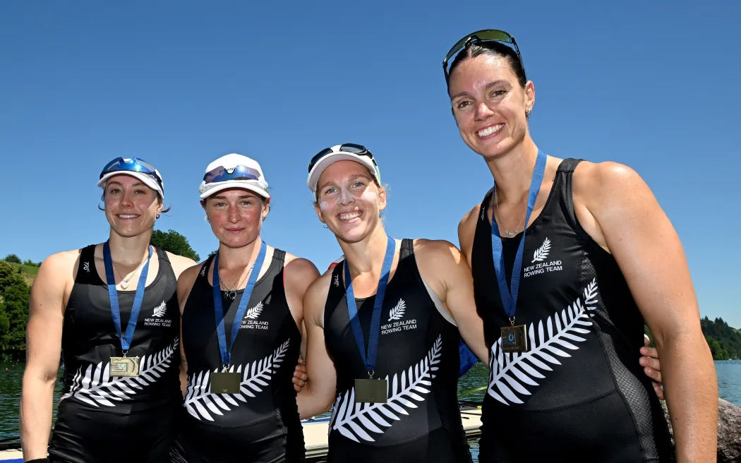 Women's Four Alana Sherman, Isla Blake, Juliette Lequeux and Beckie Leigh of New Zealand at the World Rowing Cup Lucerne, Switzerland, 2025.