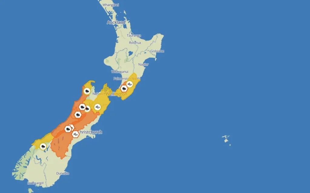 A MetService map showing weather watches and warnings on Friday 10 October 2025.