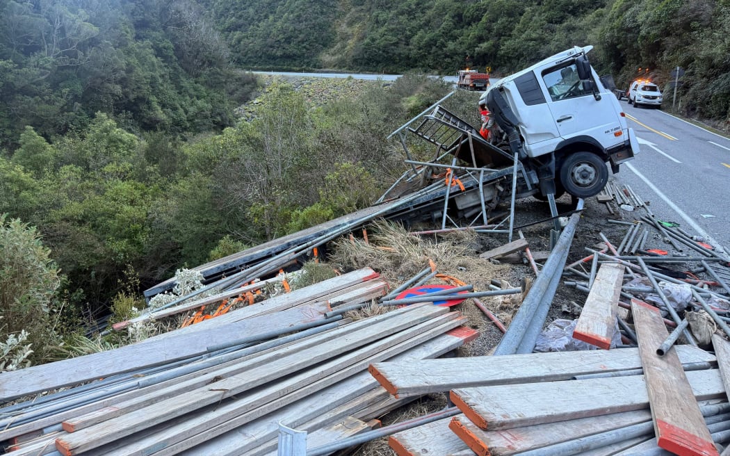 A truck crashed near Arthur's Pass (image modified to remove identifying company information)