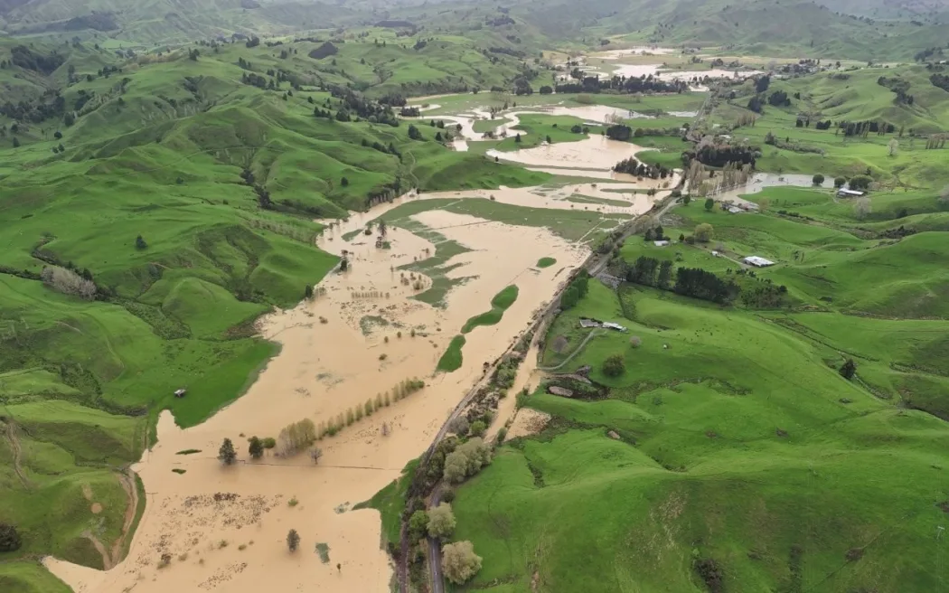 Flooding at Ohura-Matiere, in the Ruapehu District, provided by the Ruapehu District Council on 20 October, 2025, after storms caused widespread damage and flooding the week before.