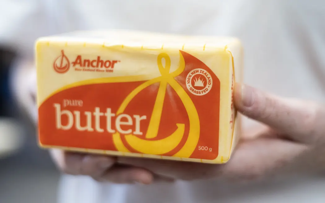 Fonterra's Anchor brand butter, showing the label claiming it is '100 percent New Zealand grass-fed'.