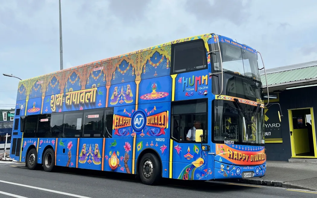 Auckland Transport has decorated a bus in festive colours ahead of Diwali celebrations in the CBD on 11-12 October. (Photo taken in Blockhouse Bay, Auckland, on Oct. 7, 2025)