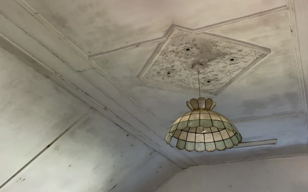 Black mould on the ceiling of the boarding house.