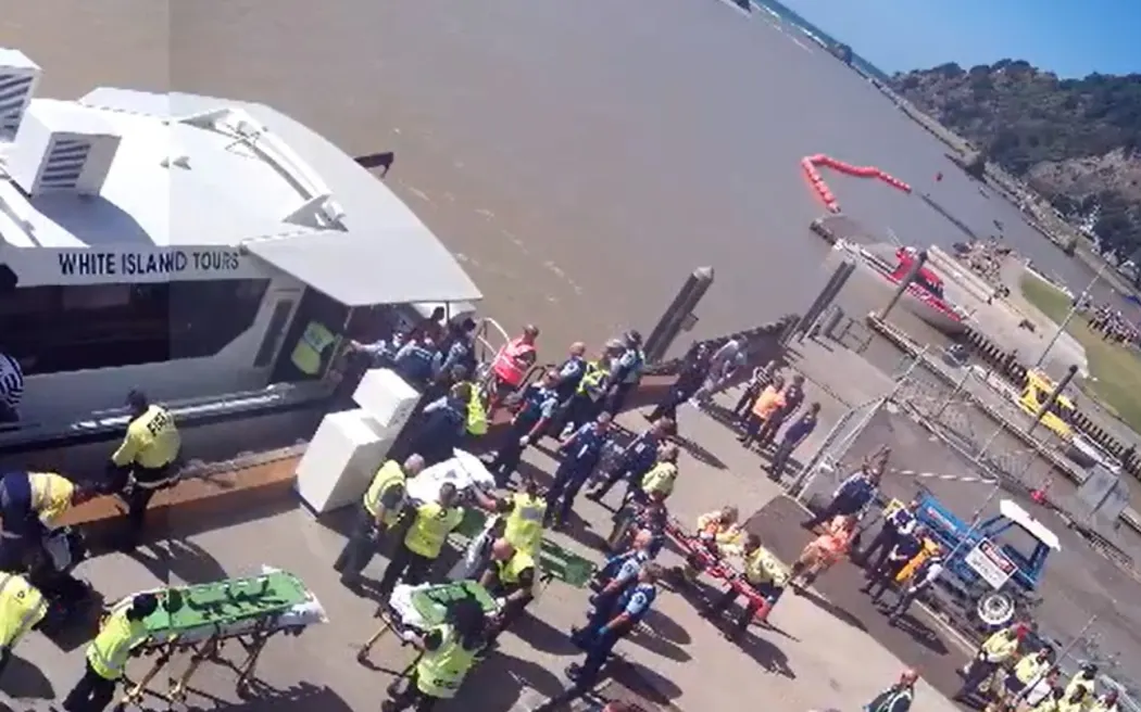 CCTV footage captured at the wharf after the Whakaari eruption showed dozens of emergency staff rushing towards the ash-covered White Island Tours boat.