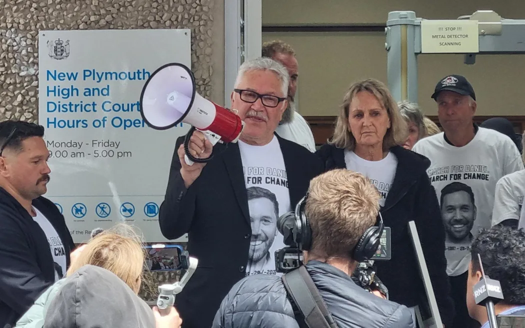 Daniel Nganeko's father Te Uraura Nganeko addressing supporters after the sentencing