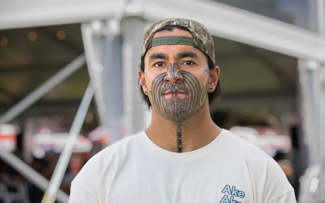 Eru Kapa-Kingi photographed outside the Waitangi Forum Tent, February 2025.
